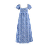 Women Pink Floral Maxi Dress Square Neck Puff Short Sleeve Pearl Trim High Waist A Line Long Dress Elegant Vacation Casual Sundress PA1792