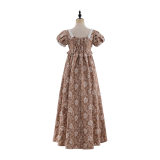 Women Pink Floral Maxi Dress Square Neck Puff Short Sleeve Pearl Trim High Waist A Line Long Dress Elegant Vacation Casual Sundress PA1792
