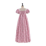 Women Pink Floral Maxi Dress Square Neck Puff Short Sleeve Pearl Trim High Waist A Line Long Dress Elegant Vacation Casual Sundress PA1792