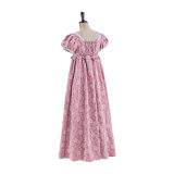 Women Pink Floral Maxi Dress Square Neck Puff Short Sleeve Pearl Trim High Waist A Line Long Dress Elegant Vacation Casual Sundress PA1792