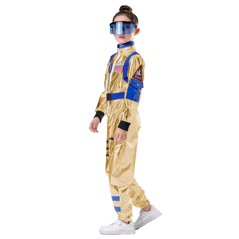 Kids Gold Shiny Astronaut Jumpsuit Costume Children Spaceman Outfit With Goggles Halloween Cosplay School Party Space Role Play Clothes MS5601