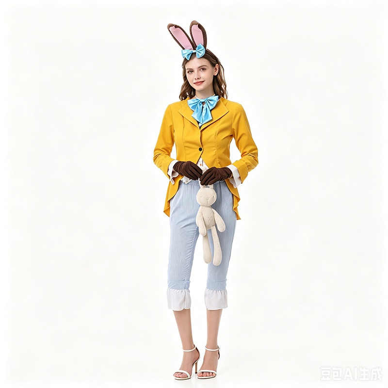 Ladies Vintage Rabbit Themed Costume Long Sleeve Yellow Jacket Ruffle Capri Pants Bunny Hair Accessories Cosplay Outfit for Party Stage Role Play XY82603