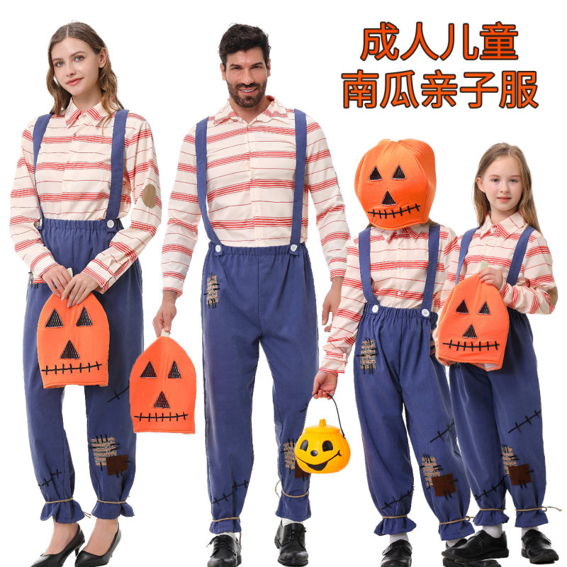 Family Matching Pumpkin Head Costume Striped Shirt Denim Suspender Pants Adults Kids Outfit Halloween Farm Scarecrow Cosplay Holiday Party Fancy Dress Set XY82610