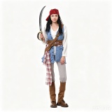 Family Retro Explorer Costume White Long Sleeve Shirt Blue Vest Plaid Sash Adults Kids Headscarf Wig Set Halloween Carnival Family Group Cosplay Party Outfit XY82618