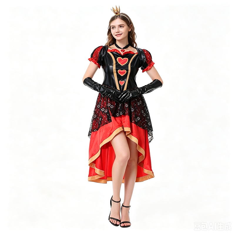 Women Heart Queen Costume Puff Short Sleeve Lace Irregular Dress With Crown Long Gloves Retro Noble Cosplay Outfit Halloween Carnival Theme Party Fancy Clothes XY82608