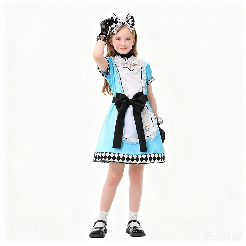 Girls Blue Sweet Maid Costume Puff Sleeve Lace Apron Dress Check Hem Bow Headband Gloves Kids Carnival Halloween Role Play Party Fancy Outfit XY82602