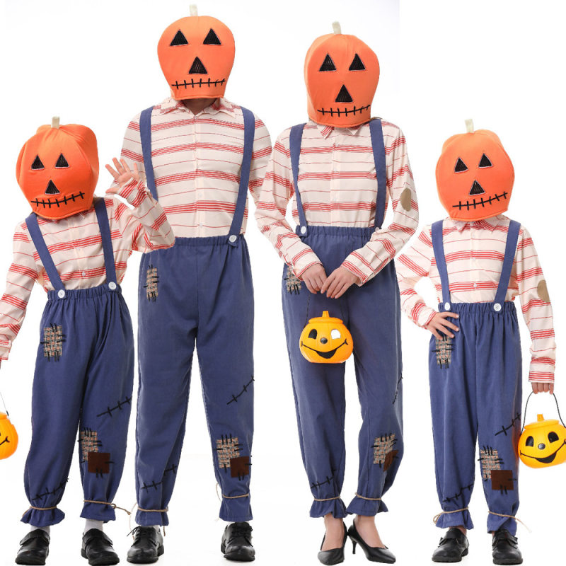 Family Matching Pumpkin Head Costume Striped Shirt Denim Suspender Pants Adults Kids Outfit Halloween Farm Scarecrow Cosplay Holiday Party Fancy Dress Set XY82610