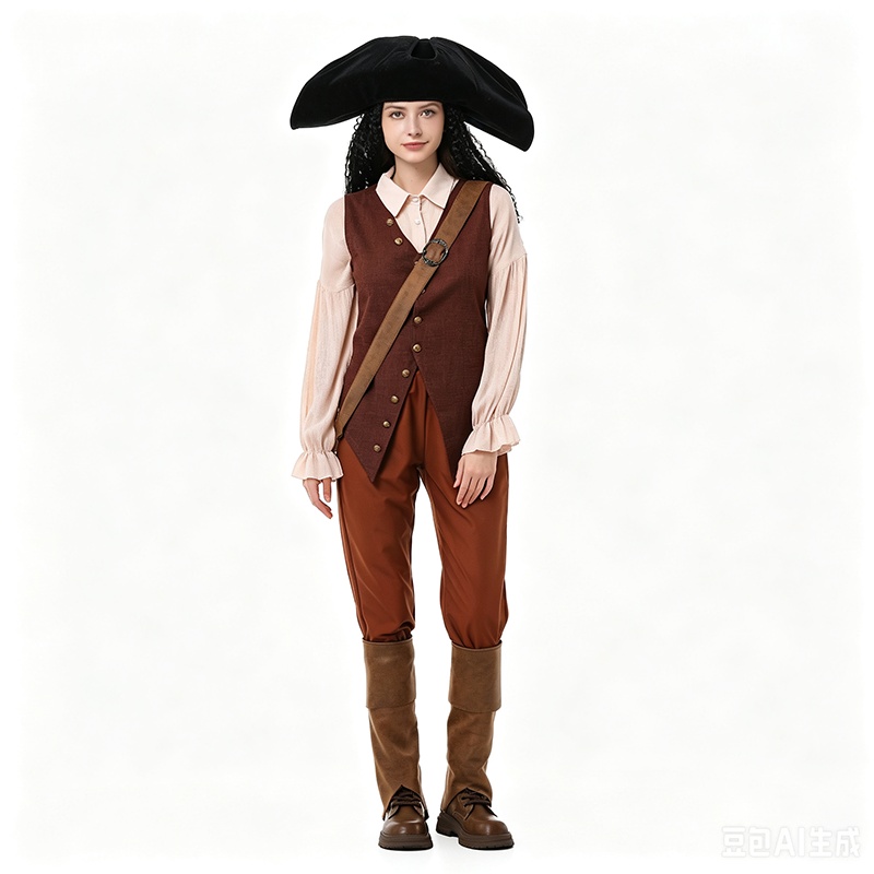 Parent Child Vintage Adventure Cosplay Outfit Beige Ruffle Shirt Brown Waistcoat Pants Shoulder Strap Hat Set Women Girls Carnival Stage Fancy Costume XY82615