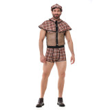 Men Plaid Mesh Cosplay Costume Cape Collar See-through Top Plaid Shorts With Beret Hat Adult Lingerie Outfit Halloween Carnival Club Party Fancy Dress XY82609