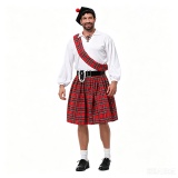 Men Retro Plaid Skirt Costume Long Sleeve Lace Up Shirt with Hat Sash Belt Traditional European Folk Outfit Halloween Carnival Parade Party Cosplay Clothes XY82613