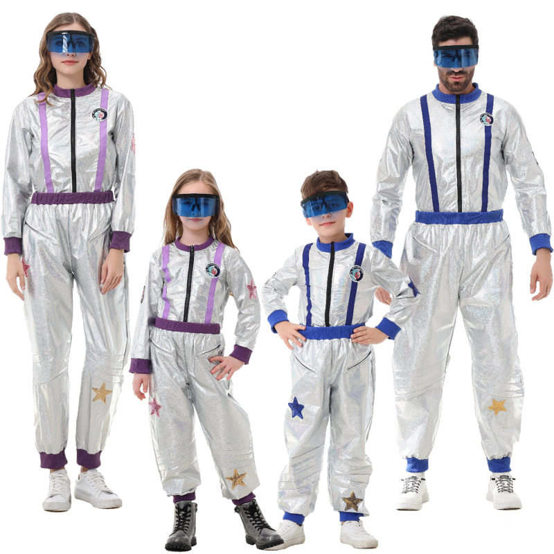 Parent-child Metallic Silver Space Themed Costume Zip Front Long Jumpsuit Colorful Trim Glasses Family Matching Suit For Party Stage Role Play XY82625