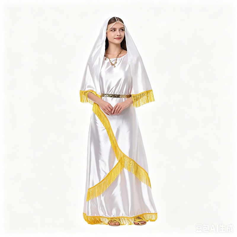 Women White Satin Long Maxi Dress With Yellow Tassels Matching Headscarf Retro Ancient Style Cosplay Outfit Halloween Stage Party Costume XY82635