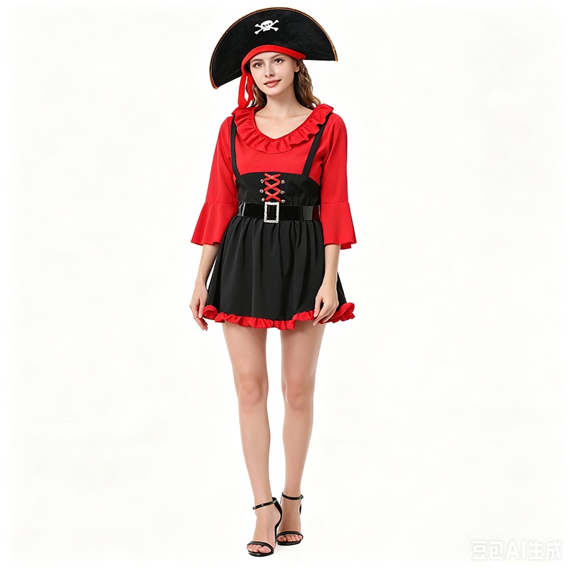 Women Red Black Ruffle Adventure Dress Three Quarter Sleeve Lace Up Skirt With Triangle Hat Halloween Carnival Cosplay Party Fancy Outfit XY82633