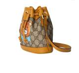 【GUCCI×KAIジョイントモデル】グッチテディベアプリントキャンバス＆レザー巾着バケットバッグミニベージュ/エボニー
