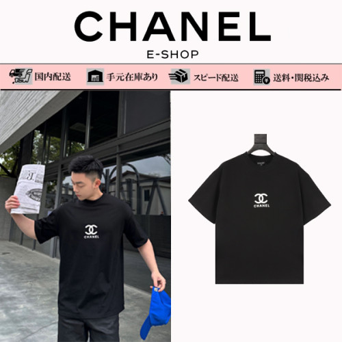CHANEL /シャネル胸にテープを押してLOGOプリントラウンドネック半袖