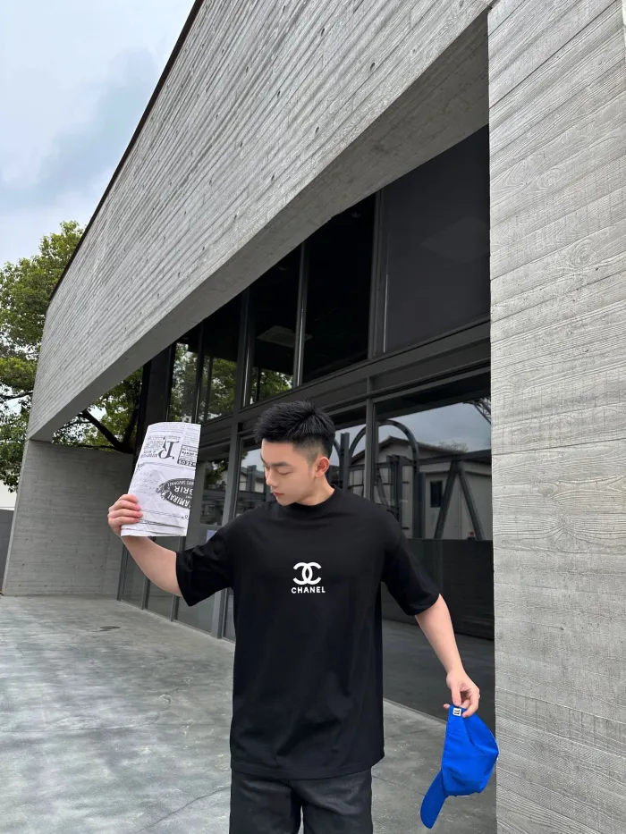 CHANEL /シャネル胸にテープを押してLOGOプリントラウンドネック半袖