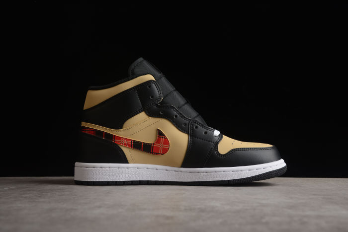 Air Jordan 1 Mid SE Tartan Swoosh Men Sneakers Brown Black Sesame