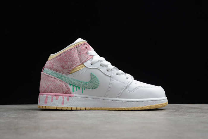 Air Jordan 1 Mid SE GS Paint Drip White Pink DD1666-100 GS