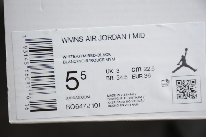 Air Jordan 1 Mid White Red Black BQ6472-101