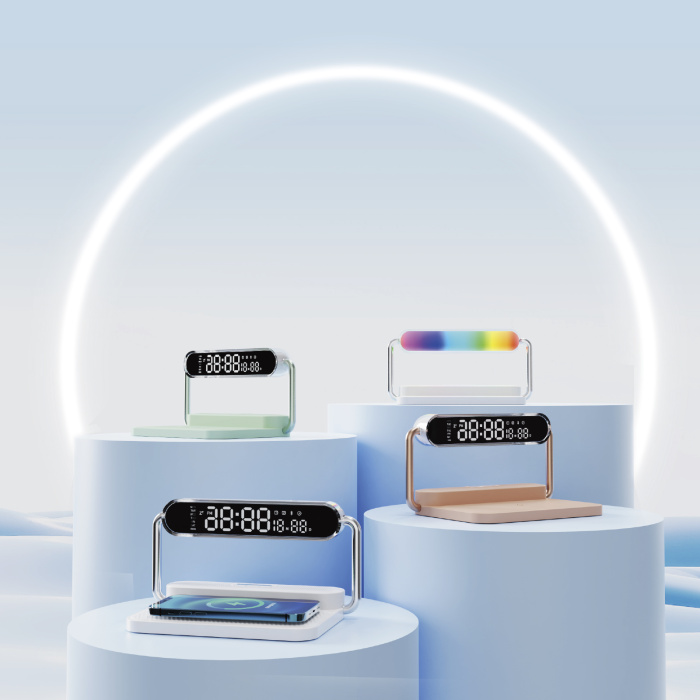 M5  4 in 1 Wireless charger with  Colorful night lights  , Bluetooth speaker , Clock alarm