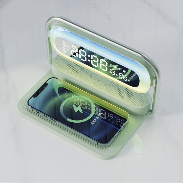 M11  4 in 1 Wireless charger with  Colorful night lights  , Bluetooth speaker , Clock alarm
