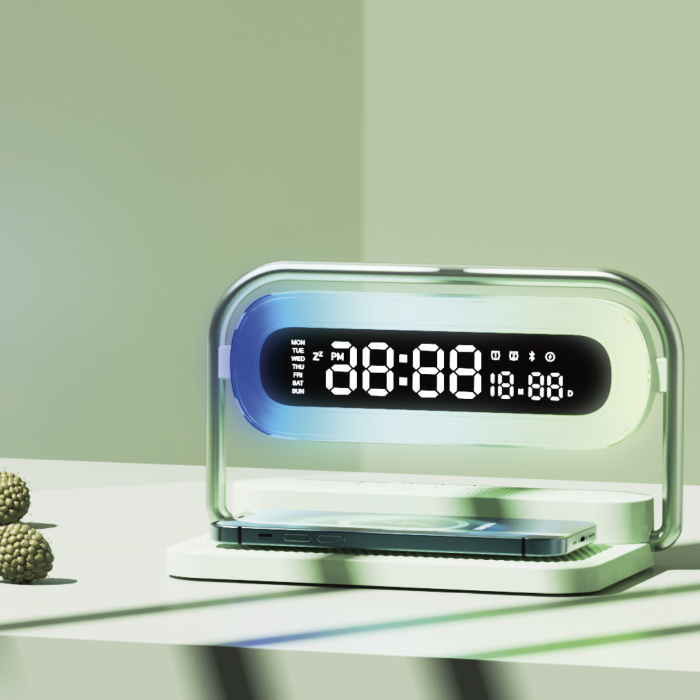 M11  4 in 1 Wireless charger with  Colorful night lights  , Bluetooth speaker , Clock alarm