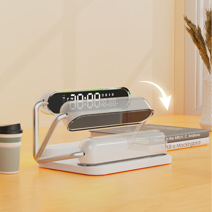 M5  4 in 1 Wireless charger with  Colorful night lights  , Bluetooth speaker , Clock alarm