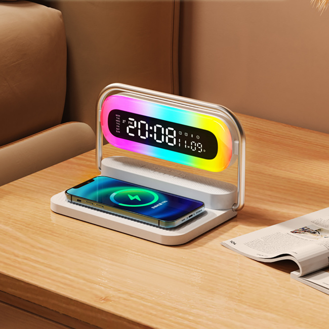 M11  4 in 1 Wireless charger with  Colorful night lights  , Bluetooth speaker , Clock alarm