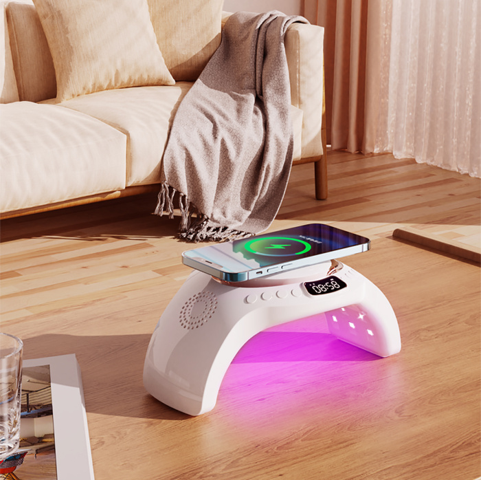 M10  5 in 1 Wireless charger with Bluetooth speaker, UV Nail lights, Clock