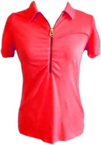 Michael Kors Womens Short Sleeve Shirt Gold Zipper MK Logo True Red Medium