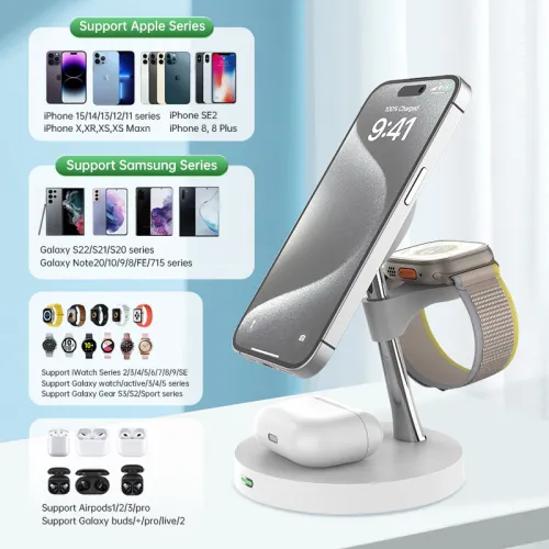 3 in 1 Magnetic Wireless Charger For iPhone 15 14 13 12  Fast Charging Station For Apple Watch  / For Samsung Galaxy Watch