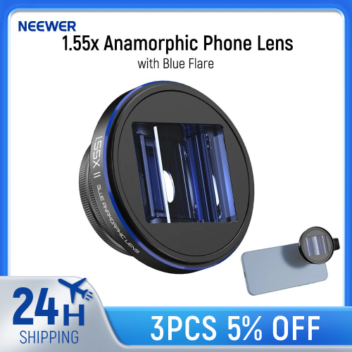 NEEWER PRO 1.55x Anamorphic Phone Lens with Blue Flare 17mm Lens Clamp and 72mm Lens Filter Adapter Ring For iPhone Samsung