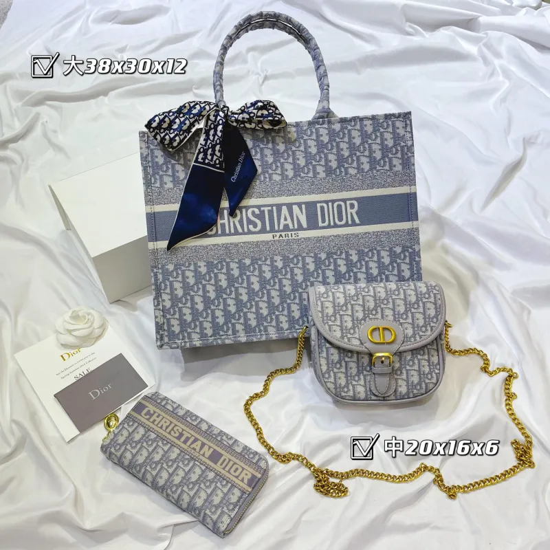 DIOR Grey Fashion Letter Zipper & Hasp Embroidery Genuine Leather Women's Handbags Tote Bags Wallet Combination Bags