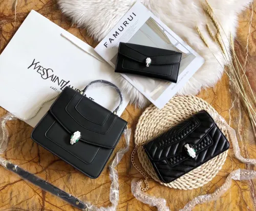 BVLGARI Black Fashion Striped Zipper Letter Genuine Leather Women's Handbags Clutches Wallet Combination Bags