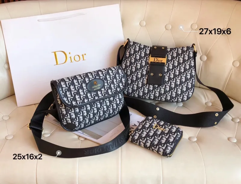 DIOR Black Fashion Letter Zipper & Hasp Embroidery Genuine Leather Women's Handbags Shoulder Bags Wallet Combination Bags