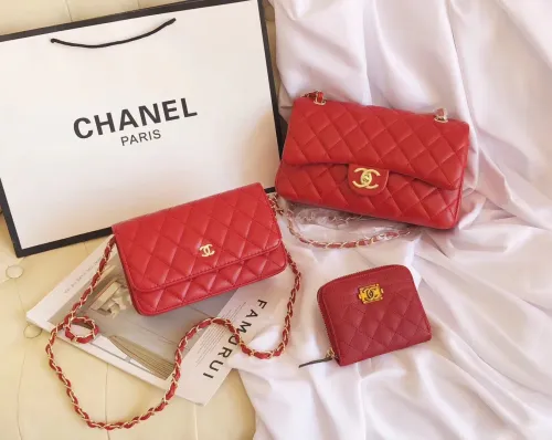 CHANEL Red Fashion Aged Calfskin Zipper & Hasp Criss-cross Genuine Leather Women's Handbags Clutches Wallet Combination Bags