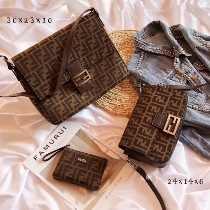 FENDI Brown Fashion Letter Zipper & Hasp Letter Genuine Leather Women's Handbags Messenger Bags Wallet Combination Bags