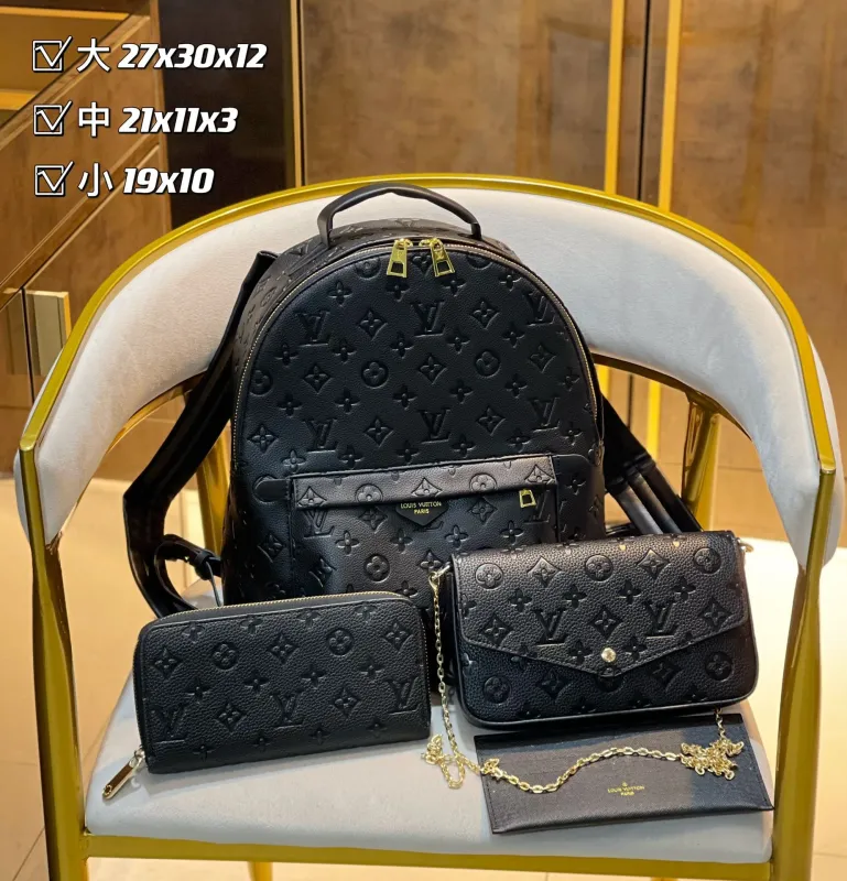 LOUIS VUITTON Black Fashion Monogram Zipper & Hasp Letter Genuine Leather Women's Handbags Backpacks Wallet Combination Bags