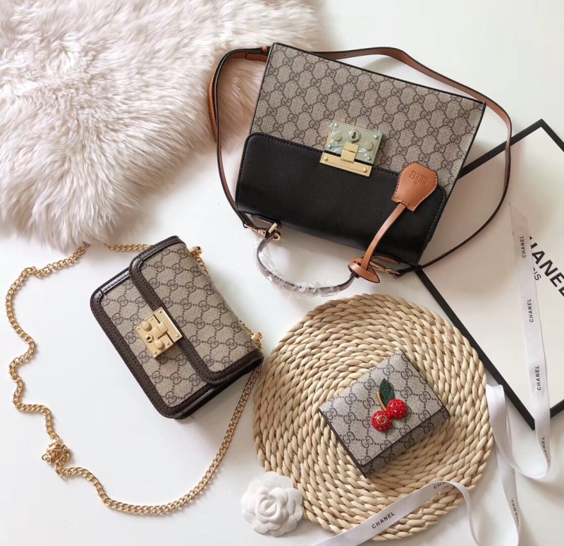 GUCCI Black Fashion Letter Zipper & Hasp Letter Genuine Leather Women's Handbags Shoulder Bags Wallet Combination Bags