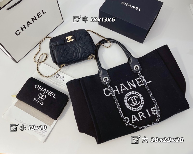 CHANEL Black Fashion Letter Zipper & Hasp Chains Canvas Women's Handbags Tote Bags Wallet Combination Bags