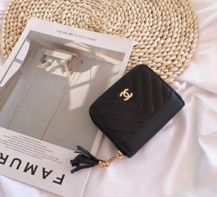 CHANEL Black Fashion Aged Calfskin Zipper & Hasp Chains Genuine Leather Women's Handbags Clutches Wallet Combination Bags