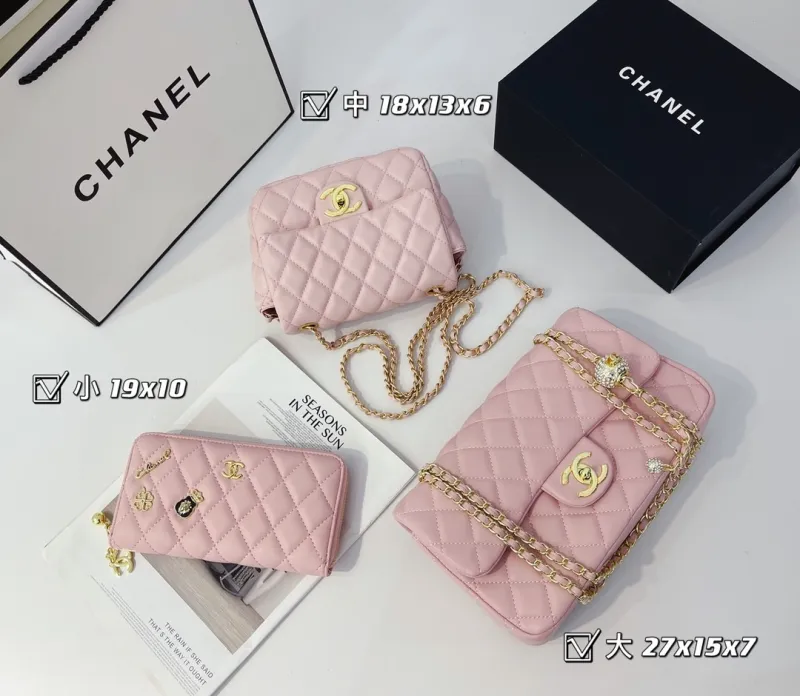 CHANEL Pink Fashion Aged Calfskin Zipper Criss-cross Genuine Leather Women's Handbags Clutches Wallet Combination Bags