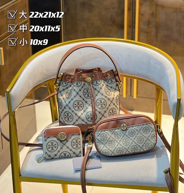TORY BURCH Grey Fashion Characters Hasp Embroidery Genuine Leather Women's Messenger Bags Wallet Handbags Combination Packages