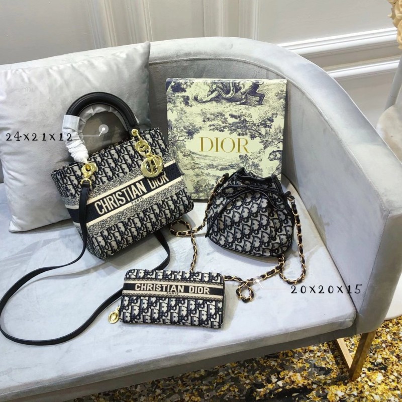 DIOR Black Fashion Letter Zipper & Hasp Embroidery Genuine Leather Women's Handbags Bucket Bags Tote Bags Combination Bags