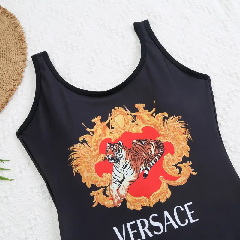VERSACE Black Digital Print One Piece DOT Backless Spandex/Polyester Printed Sunmmer Female Adult Holiday