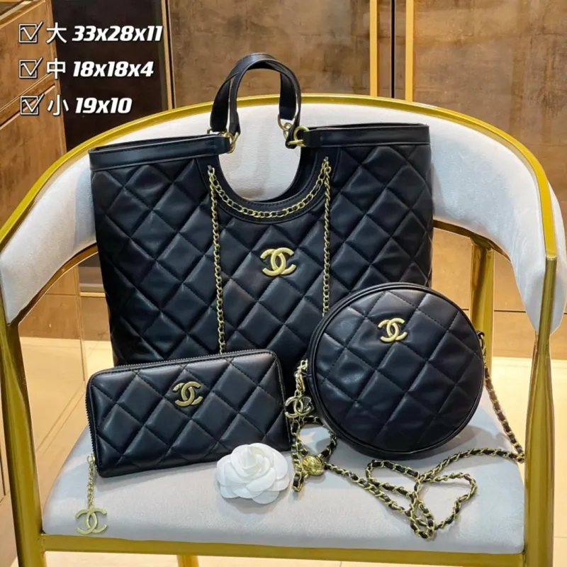 CHANEL Black Fashion Calfskin Quilted Zipper & Hasp Criss-cross Genuine Leather Women's Handbags Tote Bags Wallet Combination Bags