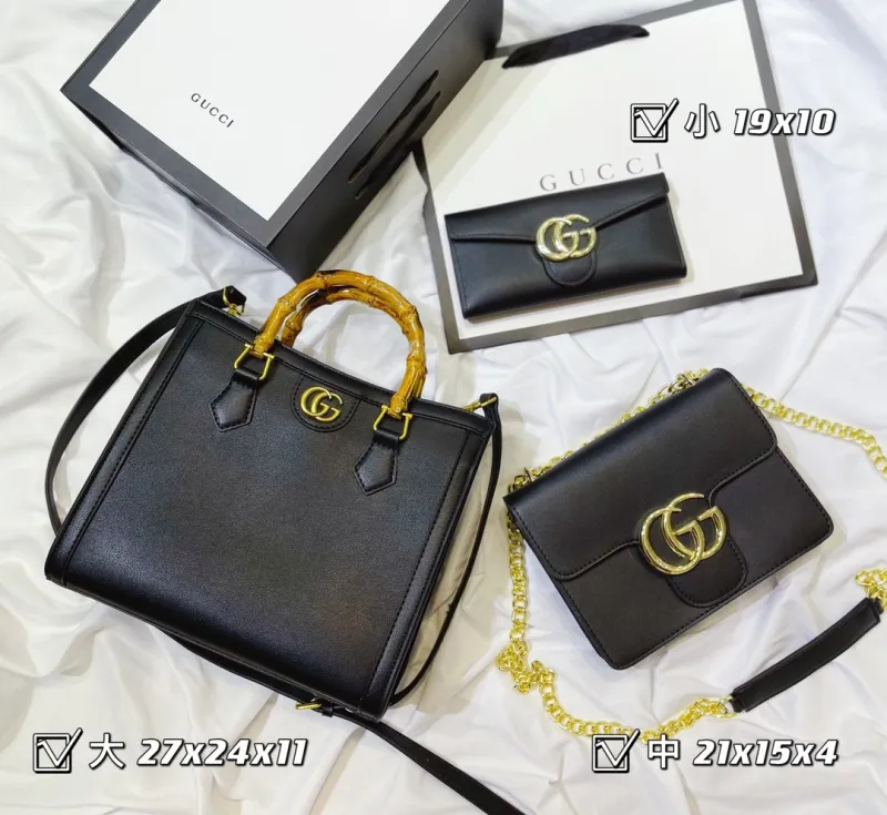 GUCCI Black Fashion Letter Zipper & Hasp Letter Genuine Leather Women's Handbags Tote Bags Wallet Combination Bags