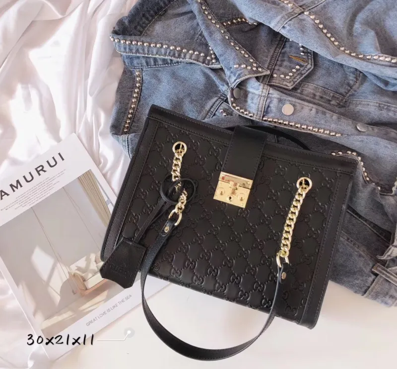 GUCCI Black Fashion Letter Zipper & Hasp Letter Genuine Leather Women's Handbags Tote Bags Wallet Combination Bags