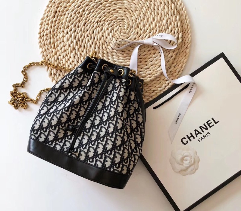 DIOR Black Fashion Letter Zipper & Hasp Embroidery Genuine Leather Women's Handbags Bucket Bags Wallet Combination Bags