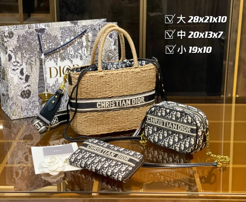 DIOR Brown Fashion Letter Zipper & Hasp Woven Genuine Leather Women's Handbags Tote Bags Wallet Combination Bags